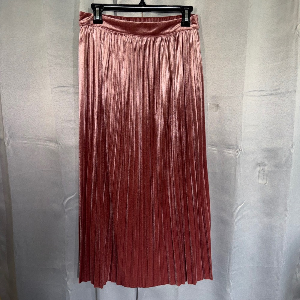 Papermoon Pleated Velvet Pull On Midi Skirt Womens L Pink Rose Shimmer Coquette